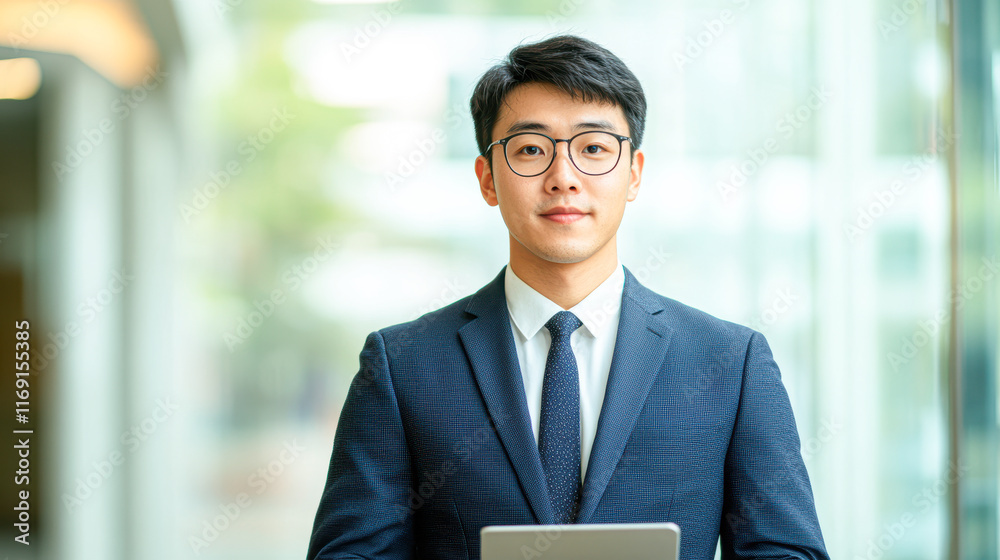 Professional businessman with laptop in modern office indoor setting portrait view corporate concept Professional businessman with laptop in modern office indoor setting portrait view corporate concept