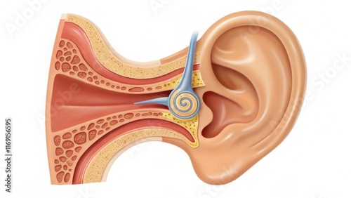 A detailed anatomical illustration of the human ear, showcasing its internal structures including the cochlea, auditory canal, and surrounding tissues. photo