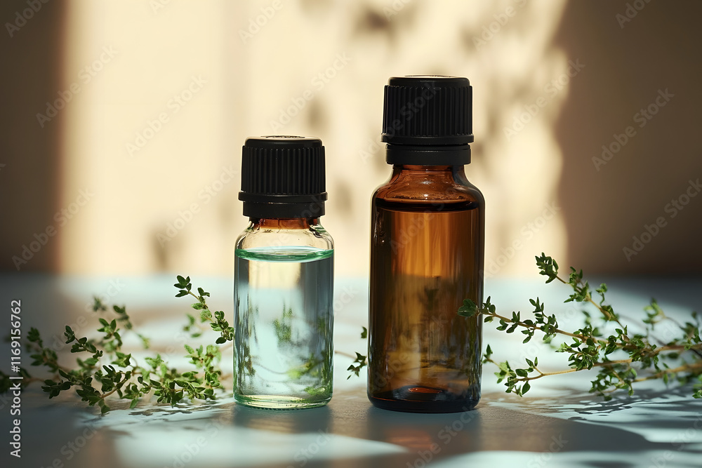 Two bottles of aromatherapy essential oil with thyme leaves