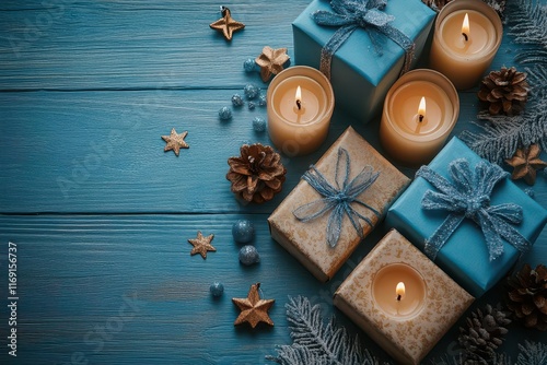 stunning gold and blue chanukah gifts artfully arranged on a light blue wooden background adorned with stars and candles celebrating the essence of the jewish holiday photo