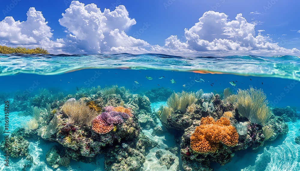 Fototapeta premium stunning coral reef ecosystem alive with colorful fish, swaying corals, and clear turquoise waters, showcasing the beauty and diversity of marine life