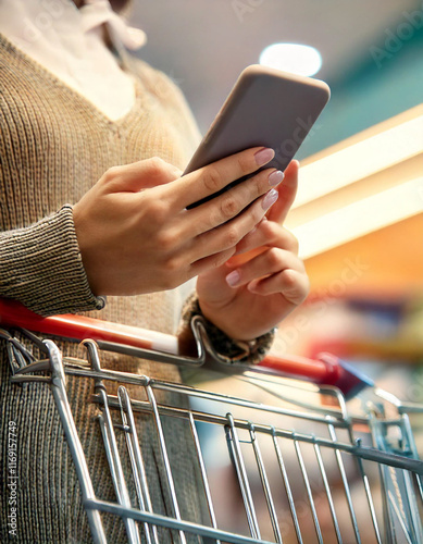 Smiling woman at supermarket. Happy woman at supermarket. Beautiful young woman shopping in a grocery store/supermarket. Shopping lists in app format
 photo