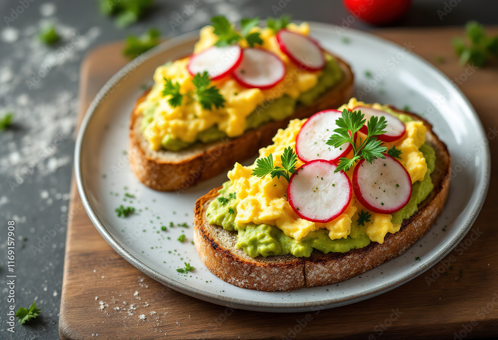 Two slices of toast topped with mashed avocado and scrambled eggs, garnished with radish slices and fresh parsley Two slices of toast topped with mashed avocado and scrambled eggs, garnished with radish slices and fresh parsley