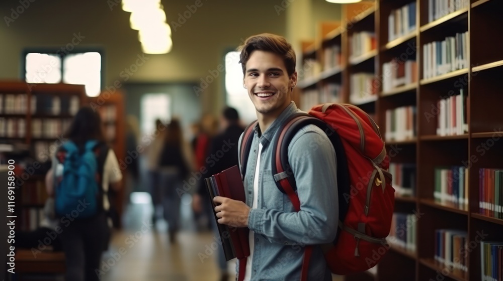 Fototapeta premium Handsome Smile student man with backpack and books in library, education, university, cheerful, college, happy, standing, school, backpack, attractive, enjoyment, confidence