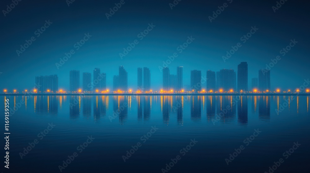 Fototapeta premium City skyline reflected in calm water at night.