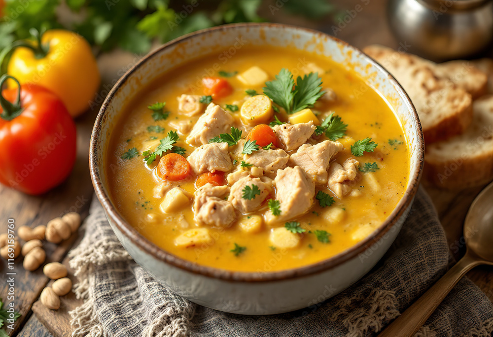 a bowl of vibrant soup, containing chunks of chickenc a bowl of vibrant soup, containing chunks of chickenc