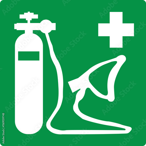 Green sign oxygen resuscitator. Indicates the location equipment for emergency oxygen resuscitation. Help for people experiencing oxygen deficiency. Iso 7010. First aid equipment.