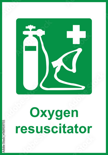 Green sign oxygen resuscitator. Indicates the location equipment for emergency oxygen resuscitation. Help for people experiencing oxygen deficiency. Iso 7010. First aid equipment.