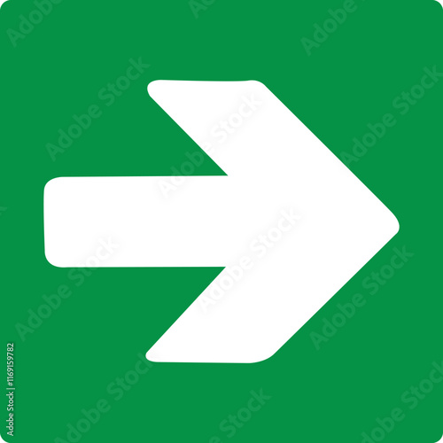 Green sign arrow right. Arrow pointing right. Shows the direction movement to the exit or shelter in an emergency. Movement right to the safety zone. Indicates the nearest safe point or exit. Iso 7010