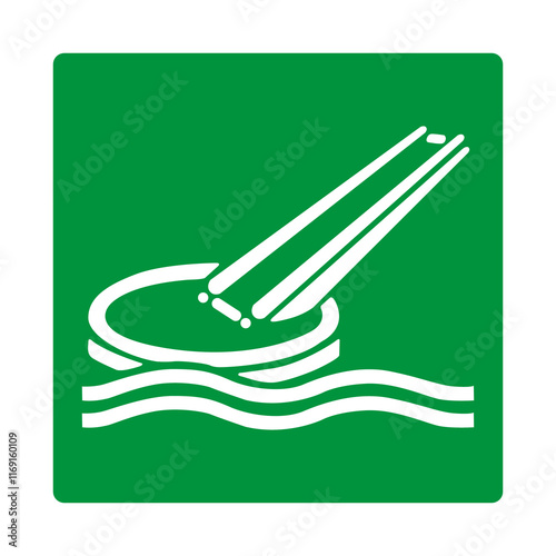 Green sign marine evacuation slide. Designation location slide intended for the evacuation persons from the vessel. Vertical ladder or inclined slide leading downwards. Iso 7010. photo