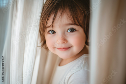 Toddler peeks shyly from behind a curtain in a cozy indoor setting, capturing an adorable moment of innocence and curiosity photo