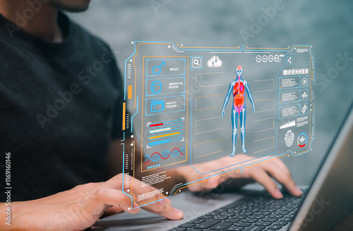 Medical technology and futuristic concept.AI-powered holographic medical interface, displaying a 3D human anatomy model, vital organs, and health metrics for advanced analysis and diagnostics.