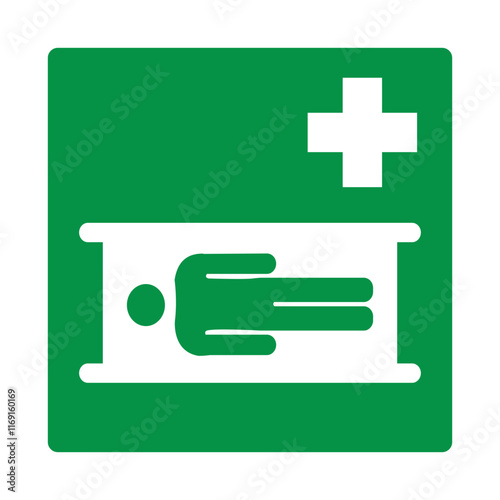 Green sign stretcher. Indicates the location of stretchers intended for transporting casualties in emergency situations. Transporting casualties to the medical aid station. Iso 7010.