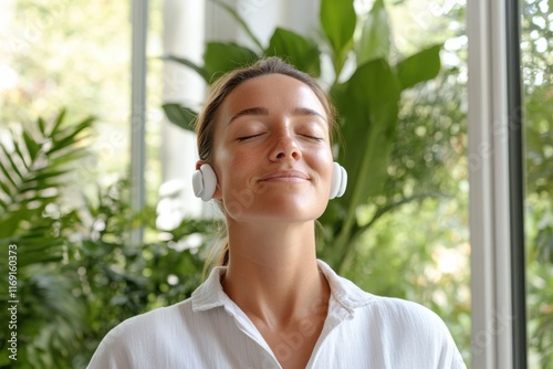 A woman enjoys a moment of peace and relaxation with headphones on, immersed in her own world amidst lush greenery and natural light streaming through the windows. Free Download A woman enjoys a moment of peace and relaxation with headphones on, immersed in her own world amidst lush greenery and natural light streaming through the windows. - GFXLoad