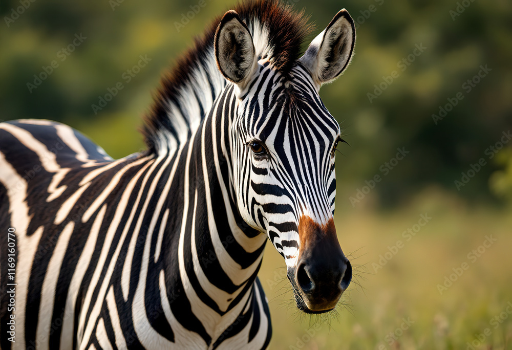 Naklejka premium A close-up portrait of a zebra with its distinctive black and white striped pattern, standing in a grassy field with blurred foliage in the background