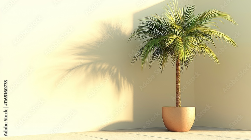 A potted palm tree casting a shadow in a minimalist setting. A potted palm tree casting a shadow in a minimalist setting.