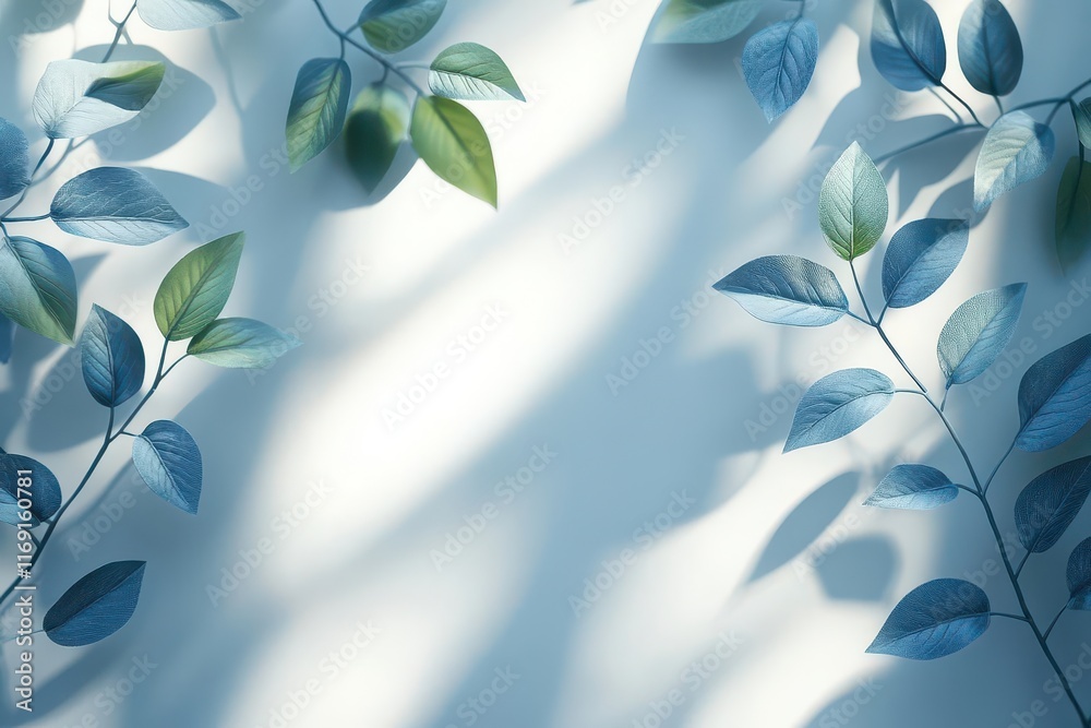 Fototapeta premium subtle play of blurred shadows cast by leaves on a pristine white wall creating an abstract minimalist background perfect for product presentation and evoking a sense of freshness