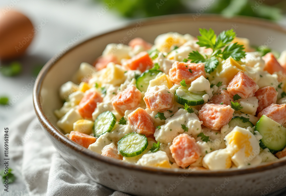 a creamy salad with crab sticks, cucumbers, eggs, and mayonnaise mixed in a bowl a creamy salad with crab sticks, cucumbers, eggs, and mayonnaise mixed in a bowl