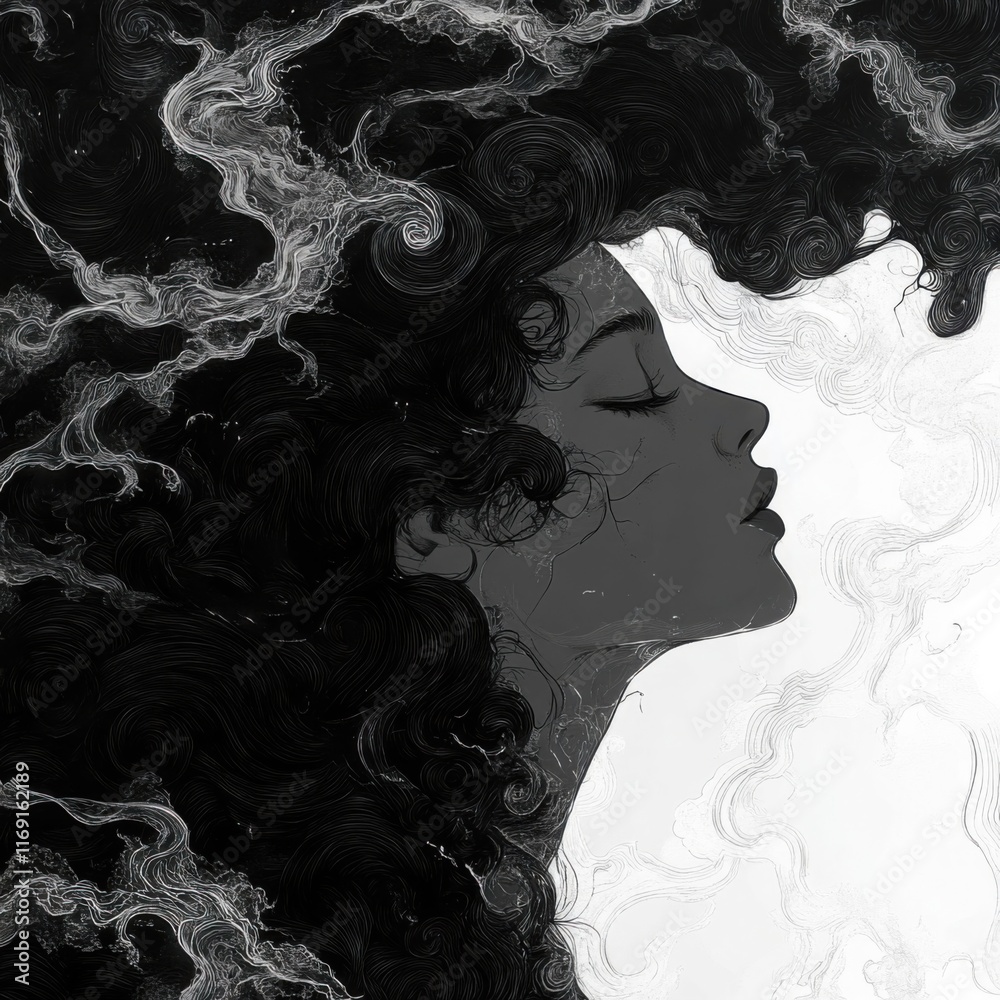 Fototapeta premium Ethereal Woman with Flowing Hair and Abstract Elements