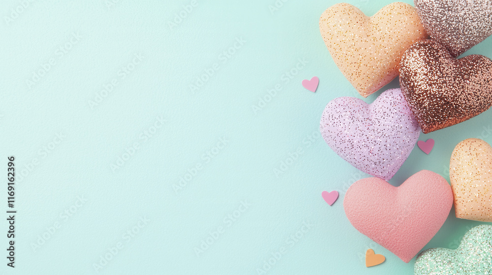 Obraz premium Glittering pastel hearts on light blue background create romantic vibe