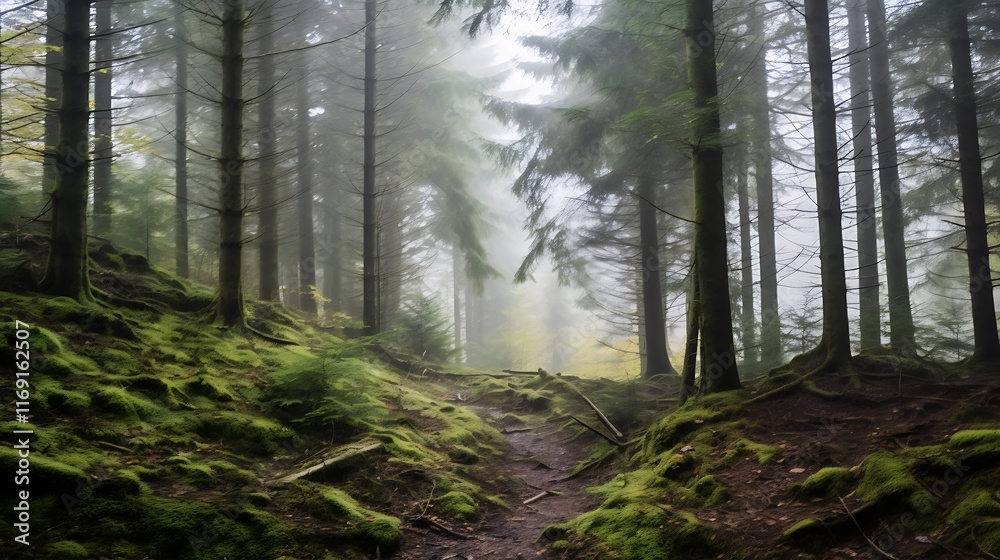Fototapeta premium Misty Forest Path Mossy Trees Enchanting Scene