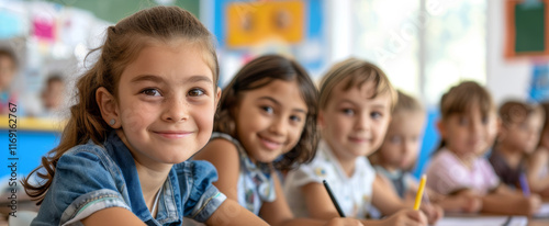 primary elementary school group of children studying in the classroom. learning and sitting at the desk. young cute kids smiling, high quality photo