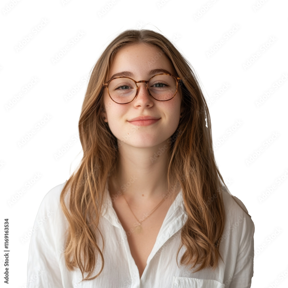 Young woman smiling with glasses and long hair