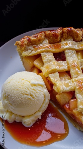 A macro shot of a warm apple pie slice, its golden lattice crust filled with cinnamon-spiced apples. The pie is served with a scoop of vanilla ice cream and a drizzle of caramel sauce on a white  photo