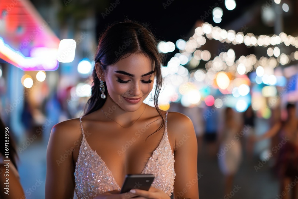 In a lively and colorful street scene, an elegant woman smiles while engaging with her mobile phone, reflecting joy and serenity amidst a vibrant urban backdrop. In a lively and colorful street scene, an elegant woman smiles while engaging with her mobile phone, reflecting joy and serenity amidst a vibrant urban backdrop.