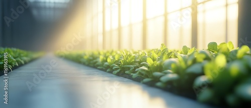 A modern hydroponic farm with rows of Green Cos lettuce growing in an ecofriendly greenhouse, smart farming innovations ensuring healthfocused and qualitydriven produce photo