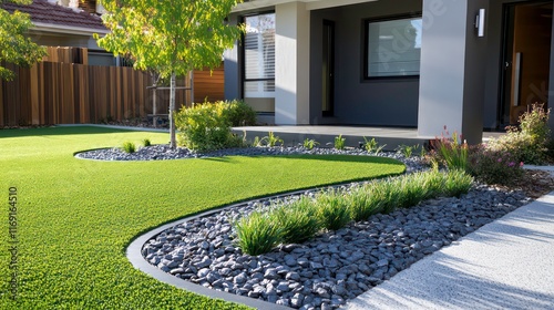 A contemporary Australian home or residential buildings front yard features artificial grass lawn turf with timber edging