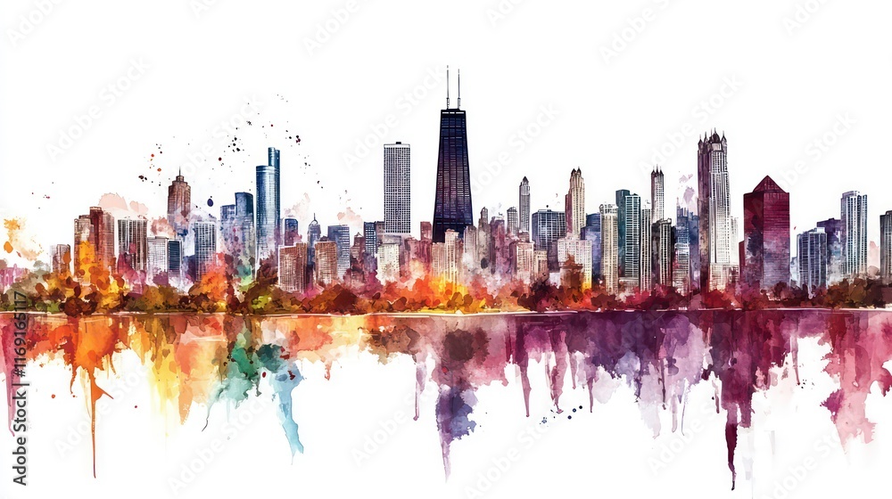 Fototapeta premium A detailed watercolor painting of the Chicago skyline against a white background, Depict the diversity of architectural styles that define Chicago's unique skyline