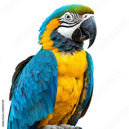 Vibrant macaw perched indoors photo