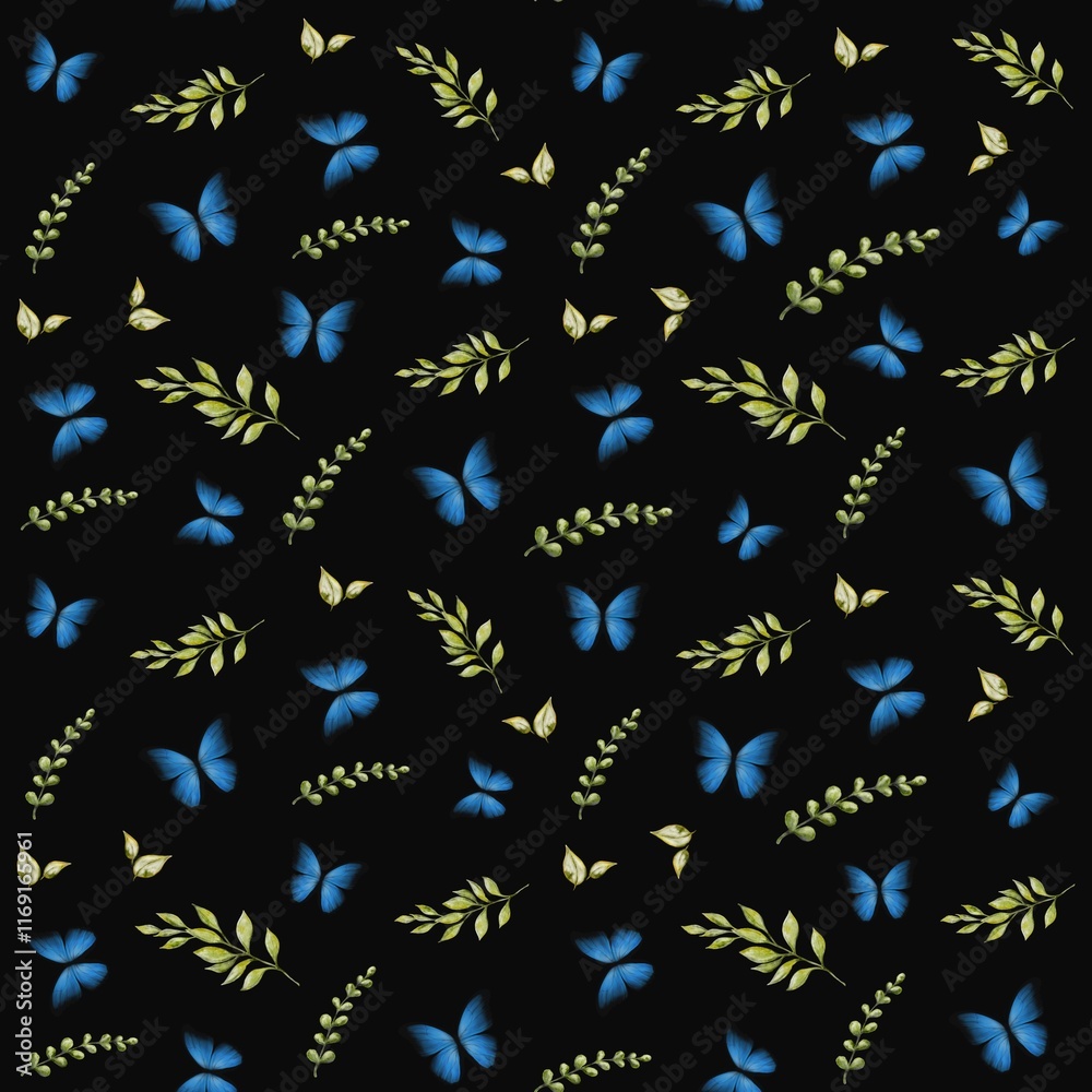 Fototapeta premium Beautiful butterfly and foliage pattern on a dark background for textile and wrapping design