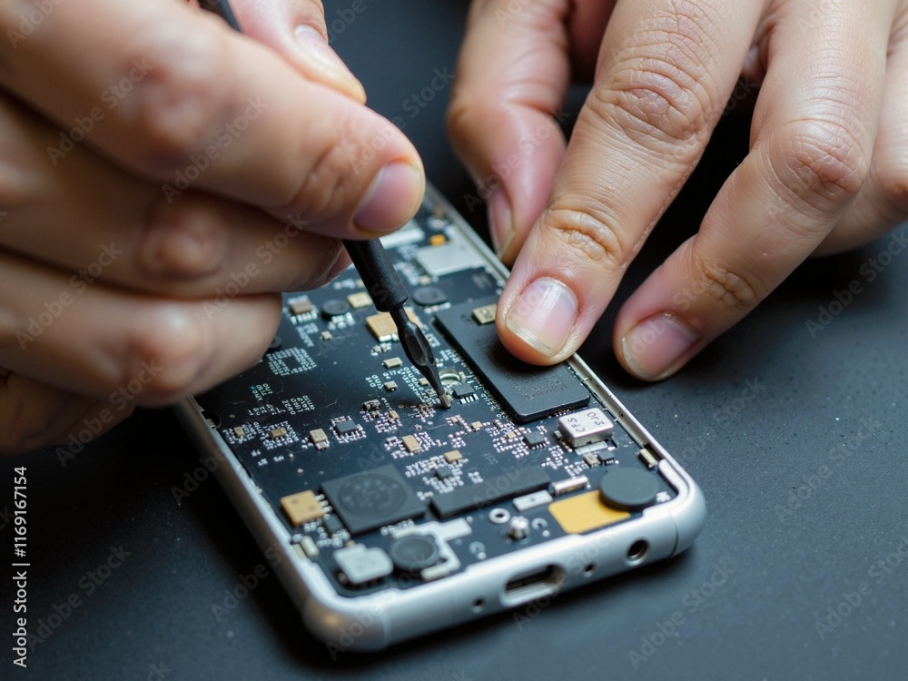 Close-up of the hands of an electronics repair technician diagnosing a device circuit board using a miniature tool. Close-up of the hands of an electronics repair technician diagnosing a device circuit board using a miniature tool.