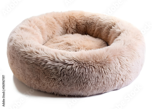 Soft round plush pet bed isolated on white background, png