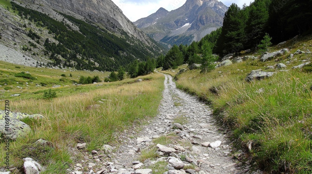 A rocky path through a scenic mountainous landscape. A rocky path through a scenic mountainous landscape.