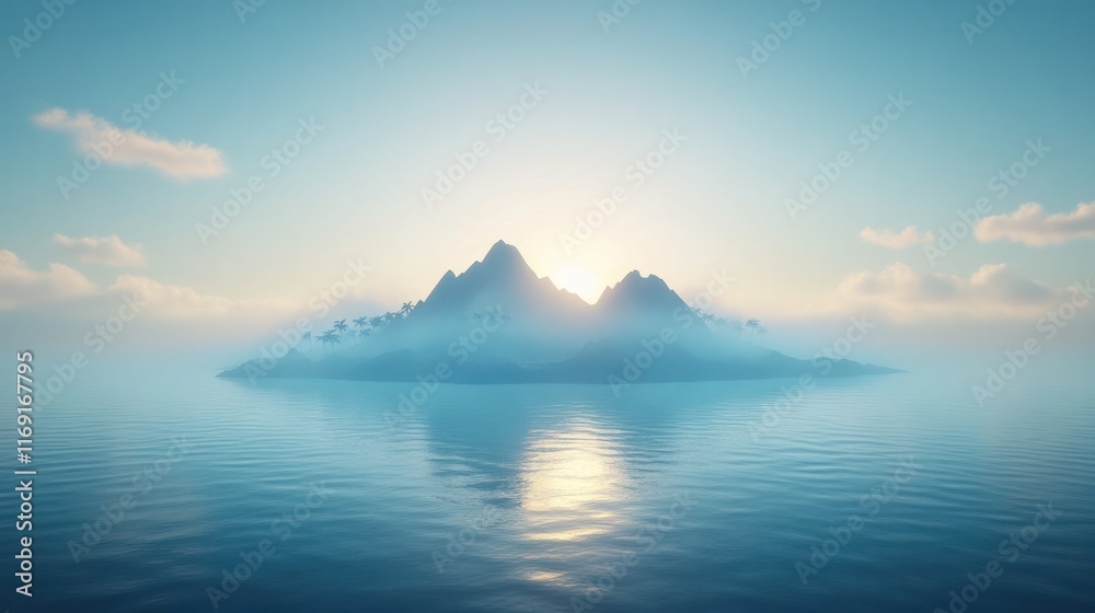 Ethereal and enigmatic landscape featuring misty silhouetted mountains reflecting in the calm serene waters of a tranquil lake The scene is bathed in the warm Ethereal and enigmatic landscape featuring misty silhouetted mountains reflecting in the calm serene waters of a tranquil lake The scene is bathed in the warm