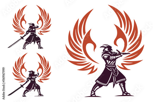 12 unique Samurai Phoenix mascot logo vector silhouettes with fiery wings and noble stances photo