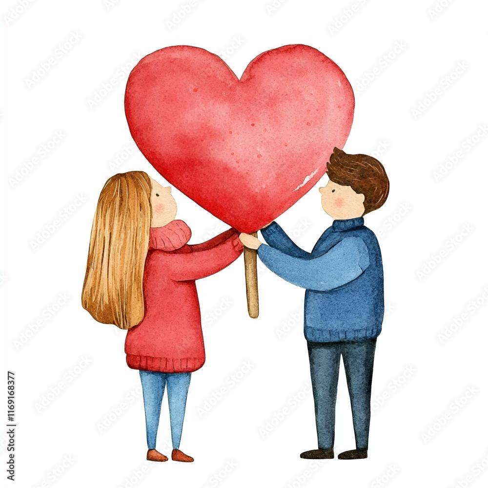 Valentine couple clipart watercolor concept. A couple holds a large red heart, symbolizing love and affection. Valentine couple clipart watercolor concept. A couple holds a large red heart, symbolizing love and affection.