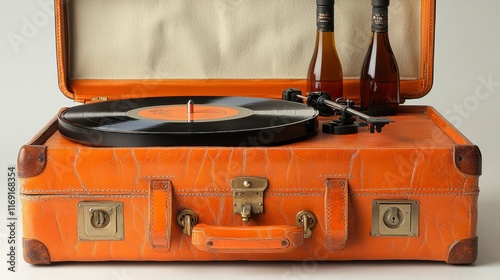 Vintage orange suitcase record player with two bottles. photo