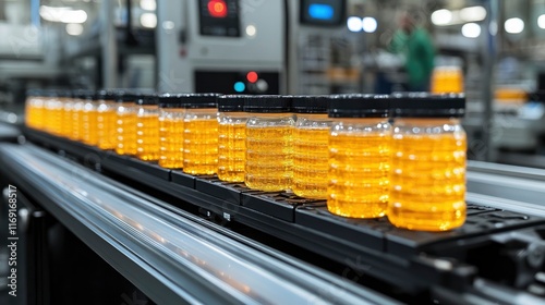 Automated bottle unscrambler feeding empty containers to filling line photo