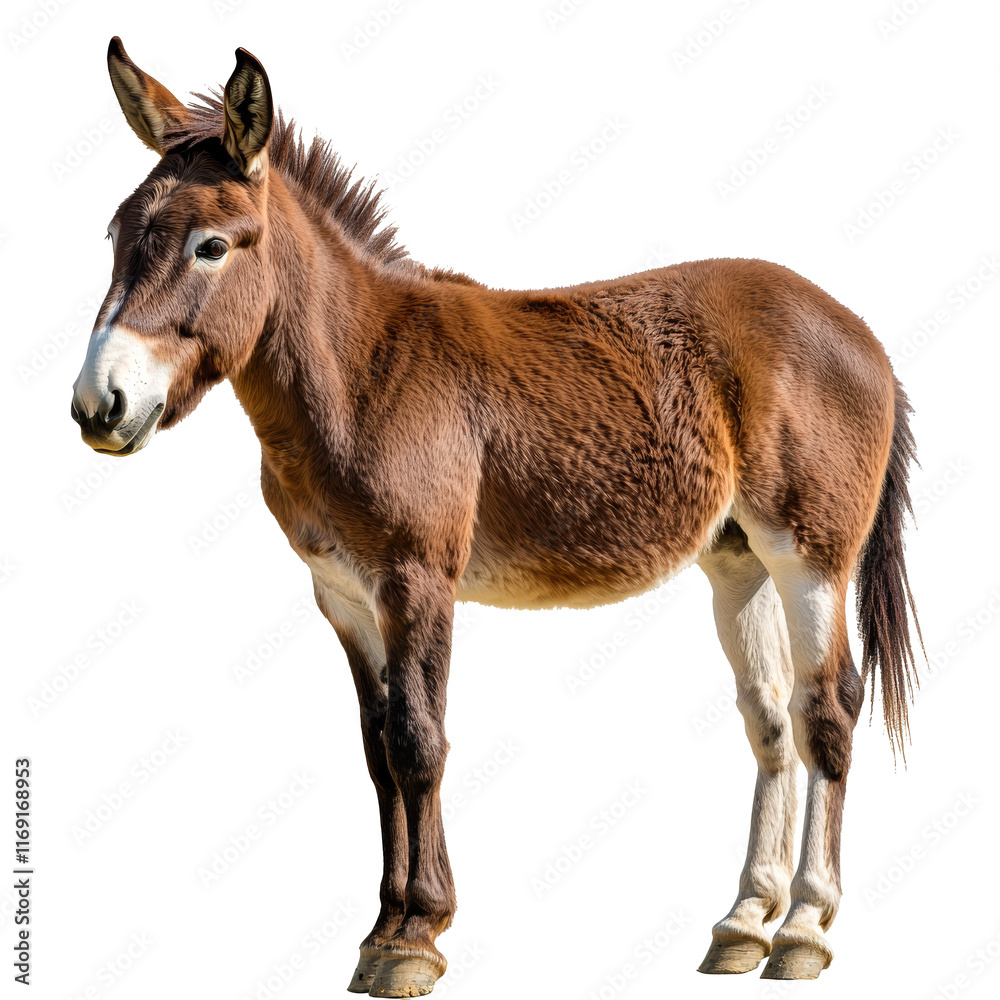 Brown donkey standing in a bright setting Brown donkey standing in a bright setting