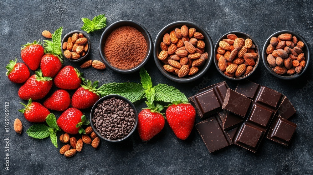 Assorted ingredients for a chocolate and strawberry dessert. Assorted ingredients for a chocolate and strawberry dessert.