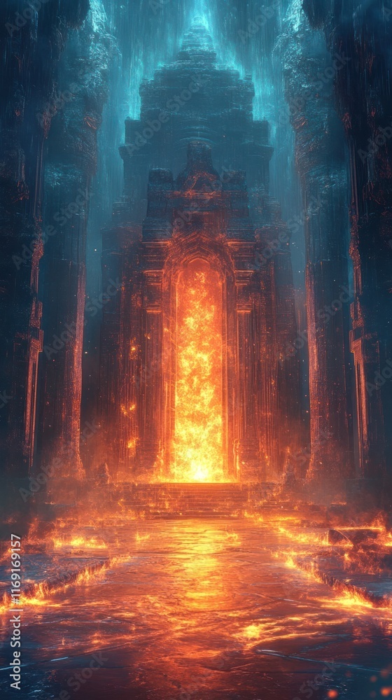 Dramatic and cinematic digital of a portal gate leading to a mysterious and ancient temple engulfed in hellfire and lava creating an otherworldly apocalyptic and ominous fantasy landscape Dramatic and cinematic digital of a portal gate leading to a mysterious and ancient temple engulfed in hellfire and lava creating an otherworldly apocalyptic and ominous fantasy landscape