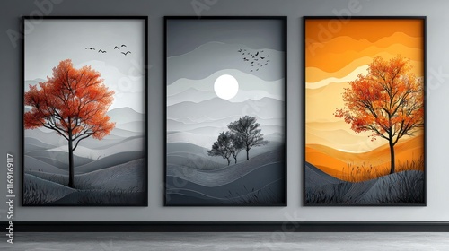 Triptych of minimalist landscape art featuring a red tree, mountains, and sun/moon. photo