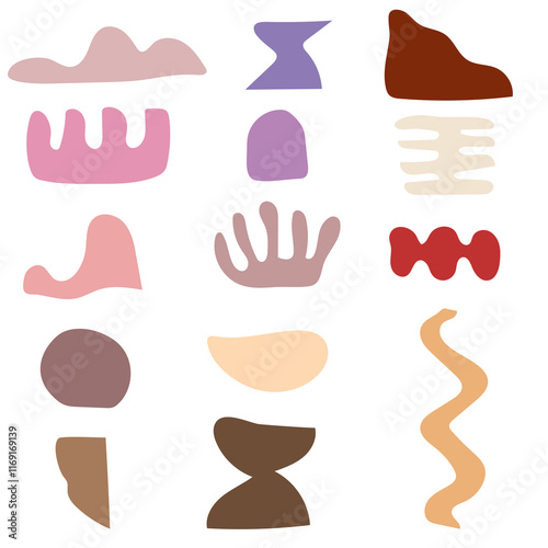 Abstract Shapes: A collection of 14 abstract shapes, each with a unique design and color, in a minimalist style. Perfect for creating modern and stylish designs.