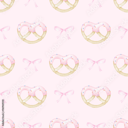 Cookies in icing, bow. Watercolor seamless pattern in pastel colors for textile and paper. Cute watercolor illustration of holiday baking