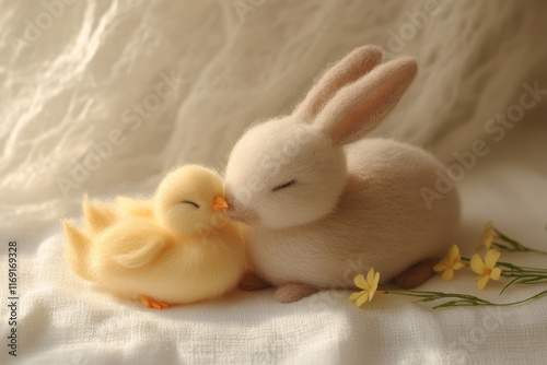 Wallpaper Mural A simple yet charming close-up of a felt bunny beside a chick, perfect for minimalist decor. Torontodigital.ca