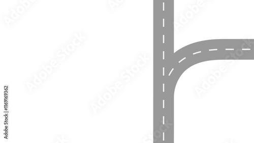 A gray road with dashed white lines splitting into two directions on a white background